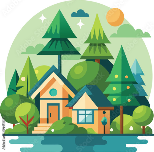 Cartoon house in the woods by a lake at sunset