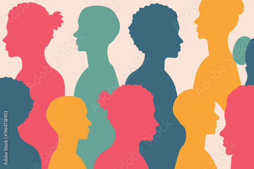Diverse group of people represented as colorful abstract silhouettes in profile