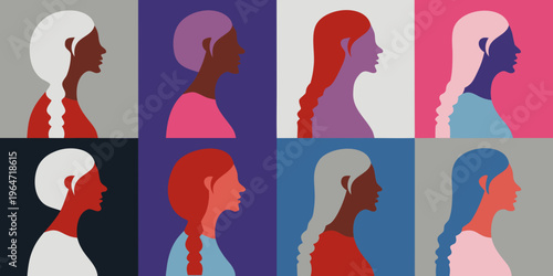 Diverse profiles of women depicted in a colorful geometric style