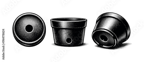 Plant pot drainage hole A realistic plant pot base with drainage hole shown in three views: bottom view, side base view, and angled bottom perspective,