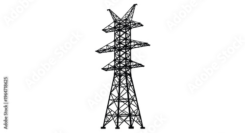 Tall electrical power line tower stands against a white background silhouette