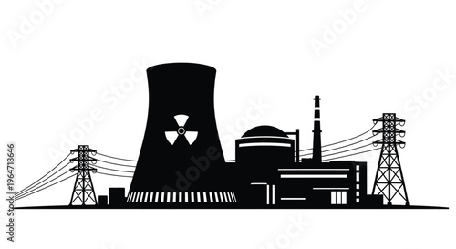 Nuclear power plant with cooling towers and transmission lines silhouette