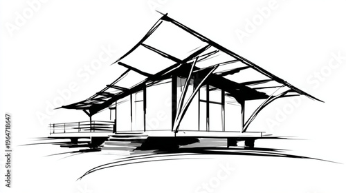 Modern Architectural Sketch Of Futuristic Building On Stilts For Design Concepts