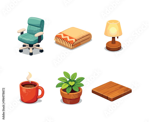 CozyWorkspace. Isometric flat vector icons set of cozyworkspace: soft desk chair, throw blanket, table lamp with warm glow, coffee mug, indoor plant pot,