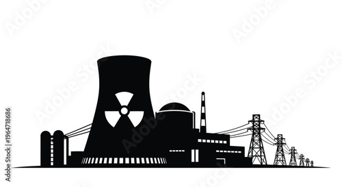Black silhouette of a nuclear power plant against a white background