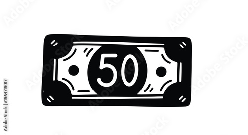 A hand drawn fifty dollar bill illustration in black a distinct silhouette