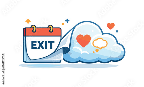 Emotional impact of company exit represented by a calendar page turning into a soft cloud with subtle heart and thought icons. A gentle editorial scene