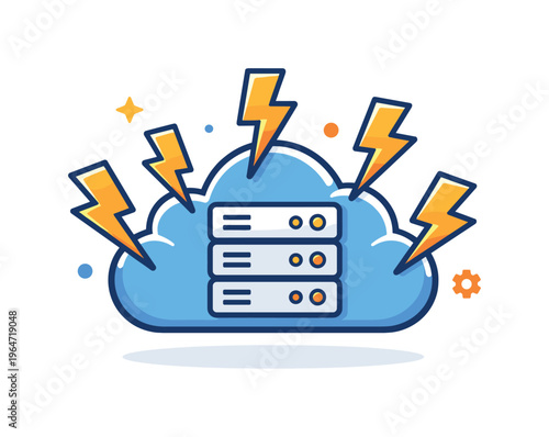 Energy-hungry AI servers visualized through a cloud-shaped server icon absorbing multiple energy bolts, symbolizing large-scale AI workloads and constant power