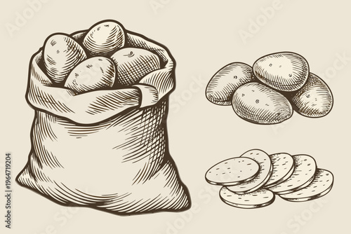 A vintage style illustration of potatoes in a sack and sliced
