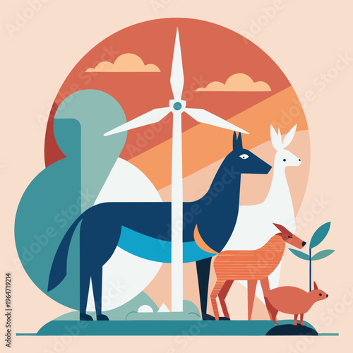 Animals standing near wind turbine and plant in landscape