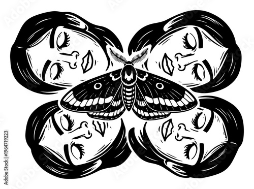 Four female faces in a circular pattern with a large moth in the center vintage engraving style