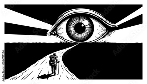 Hiker walking on a road towards a giant human eye on the horizon surreal woodcut style