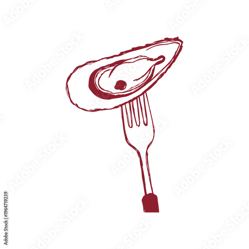 A hand-drawn vector illustration of an oyster on a fork, showcasing a fresh and elegant seafood dish. This design is perfect for seafood menus, restaurant décor, or upscale dining promotions.