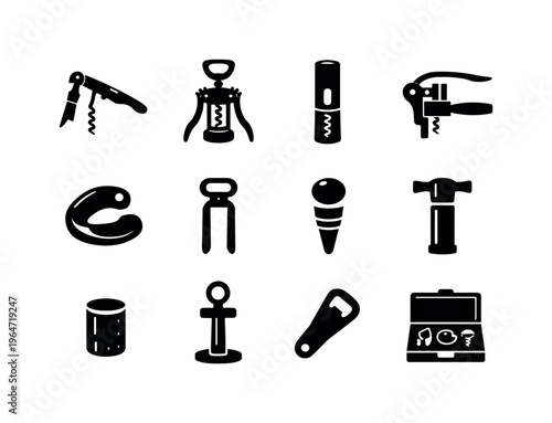 Wine Opening Tools. Solid icon set of Wine Opening Tools: waiter corkscrew, winged corkscrew, electric corkscrew, lever corkscrew, foil cutter knife, cork