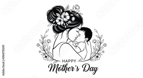 A loving mother and baby are embraced in a floral illustration