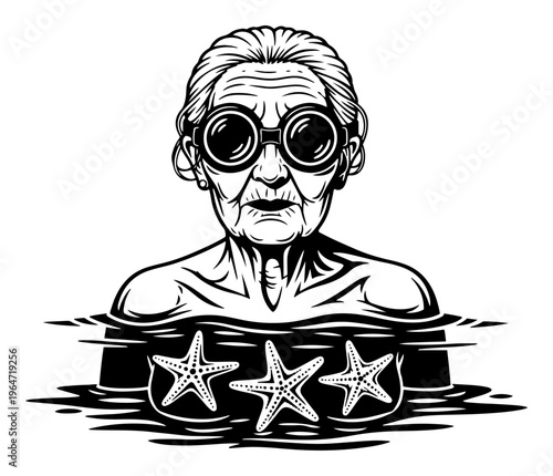 Elderly woman with large round goggles submerged in water with three starfish woodcut style