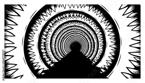 Vortex tunnel made of jagged teeth and sharp geometric patterns in abstract optical illusion style