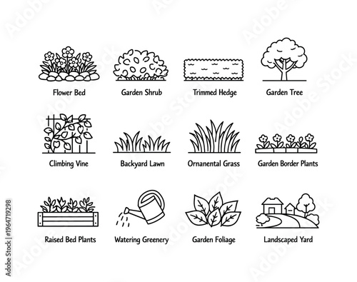 Garden Greenery. Line icon set of Garden Greenery: flower bed, garden shrub, trimmed hedge, garden tree, climbing vine, backyard lawn, ornamental grass, garden