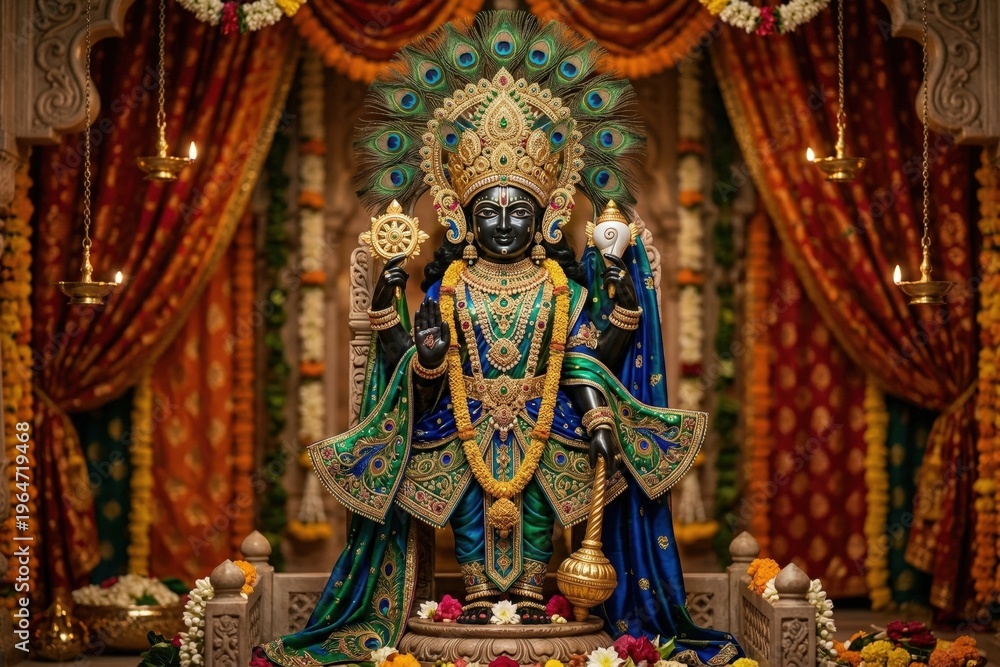 Fototapeta premium Dwarkadhish Darshan HD 4K – Krishna Murti Temple Wallpaper Image