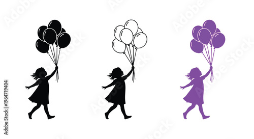 A graphic illustration of three silhouette girls running while holding balloons in black, gray, and purple on a white background.