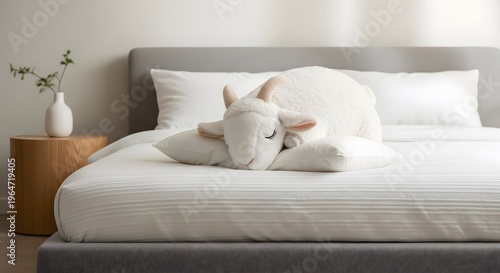 Minimalist Bedroom with White Sheep Plush Toy on Cozy Bed