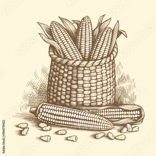 A vintage illustration of fresh corn cobs in a woven basket
