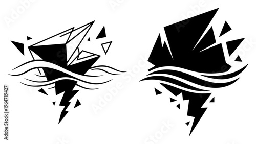 Geometric abstract shapes with broken crystal elements and wavy lines in minimalist vector style