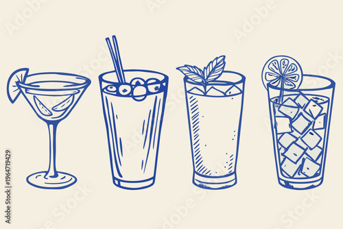 A hand drawn illustration of four different cocktail glasses with garnishes