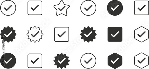 Verification checkmark vector icon set featuring tick symbols in circles squares stars and hexagons for task completion status updates and social media profile authentication.