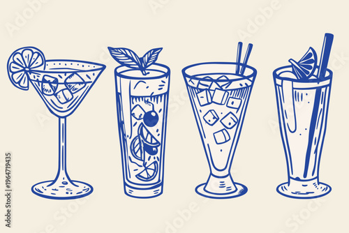 Four illustrated cocktail glasses with fruit garnishes in blue line art