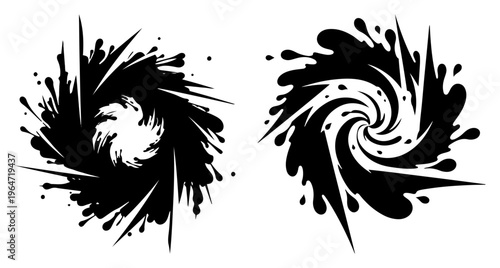 Liquid splash vortex and swirling ink drop circles in bold black and white vector style