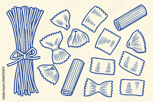 A collection of hand drawn pasta shapes in a simple blue illustration