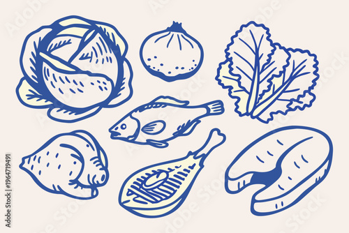 A blue line drawing depicting various food items vegetables fish and meat