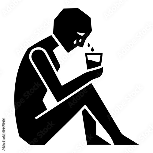 Sad person silhouette crying tears into a glass in minimalist geometric style