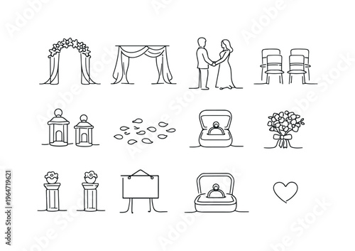 Outdoor Garden Wedding Altar Setup. Minimalistic set one-line drawing [floral arch, draped fabric canopy, two standing figures holding hands, aisle chairs,