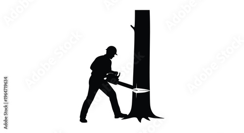 Lumberjack felling a tree with a chainsaw dramatic black silhouette