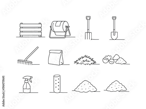 Backyard Compost System Setup. Minimalistic set one-line drawing [wooden compost box, rotating compost tumbler, pitchfork, shovel, rake, brown paper bag, grass