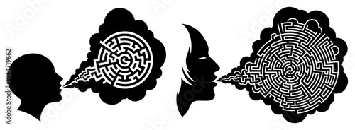 Human profiles blowing smoke that transforms into complex labyrinth mazes in conceptual black and white vector style