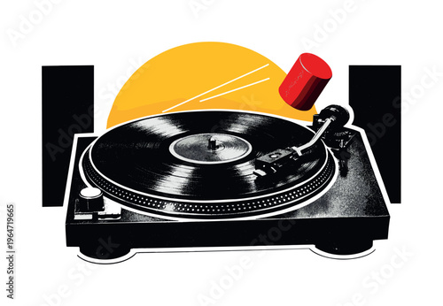 Black and white close-up of a spinning vinyl record on a turntable, retro photographic grain, large yellow circular halo emphasizing rotation, structured black