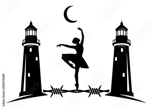 Ballerina silhouette dancing on barbed wire between two lighthouses under crescent moon in symbolic black and white vector style