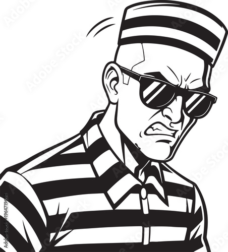 Striped Prisoner in Sunglasses Looking Tough in Black and White Illustration