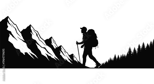 Hiker with backpack walking amidst mountains a striking silhouette