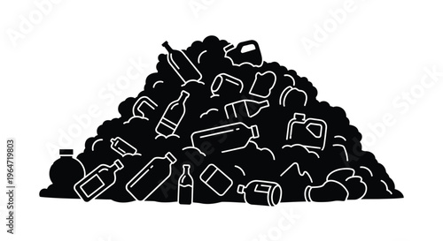 Pile of discarded bottles and trash depicted in bold silhouette