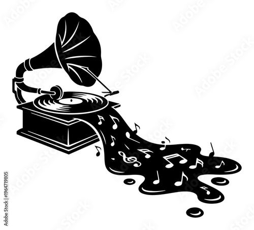 Vintage gramophone with melting music notes flowing into a liquid puddle