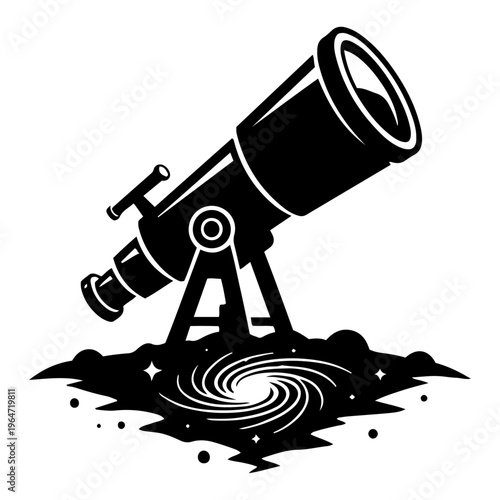 Astronomical telescope observing a cosmic vortex and swirling galaxy portal