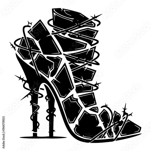 High heel stiletto shoe wrapped in barbed wire with broken glass shards