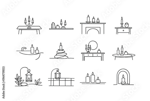 Candle Holder and Interior Styling. Minimalistic set one-line drawing [candle holder on dining table, shelf with candle holder, fireplace mantel with candles,