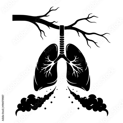 Human lungs hanging from tree branch with smoke in conceptual vector style