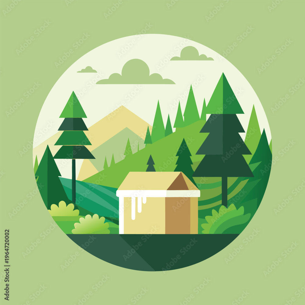 Obraz premium A house in a forest with mountains in the background
