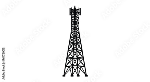 Black lattice communication tower against a white background silhouette